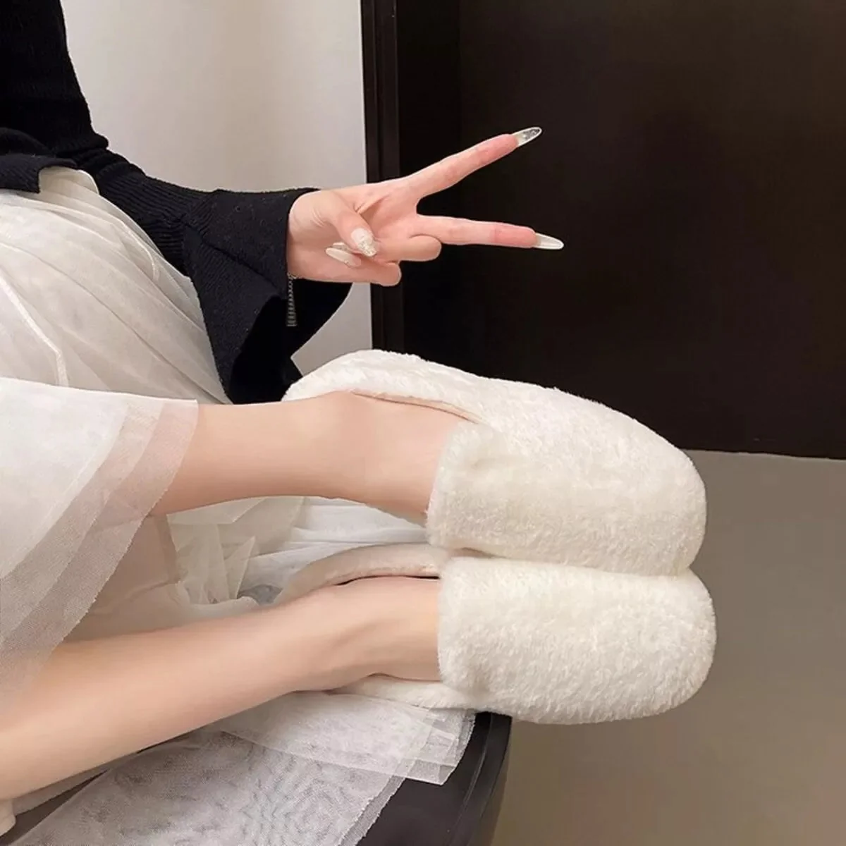 Cozy Fluff Slip-On Shoes - Black, Khaki, Ivory | Trendsi