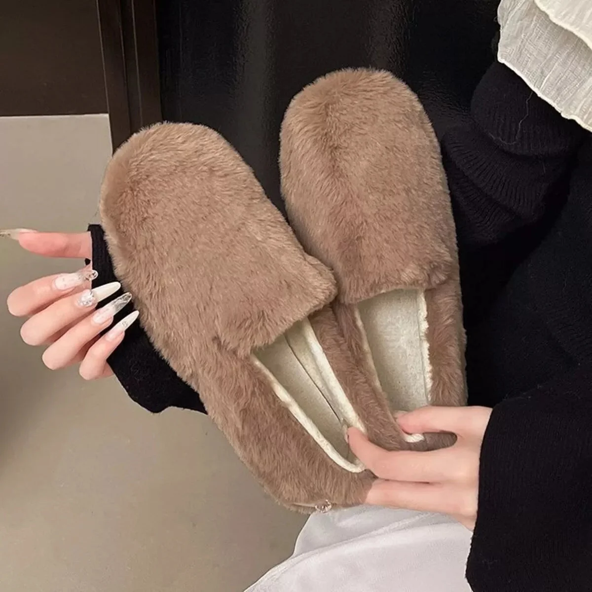 Cozy Fluff Slip-On Shoes - Black, Khaki, Ivory | Trendsi