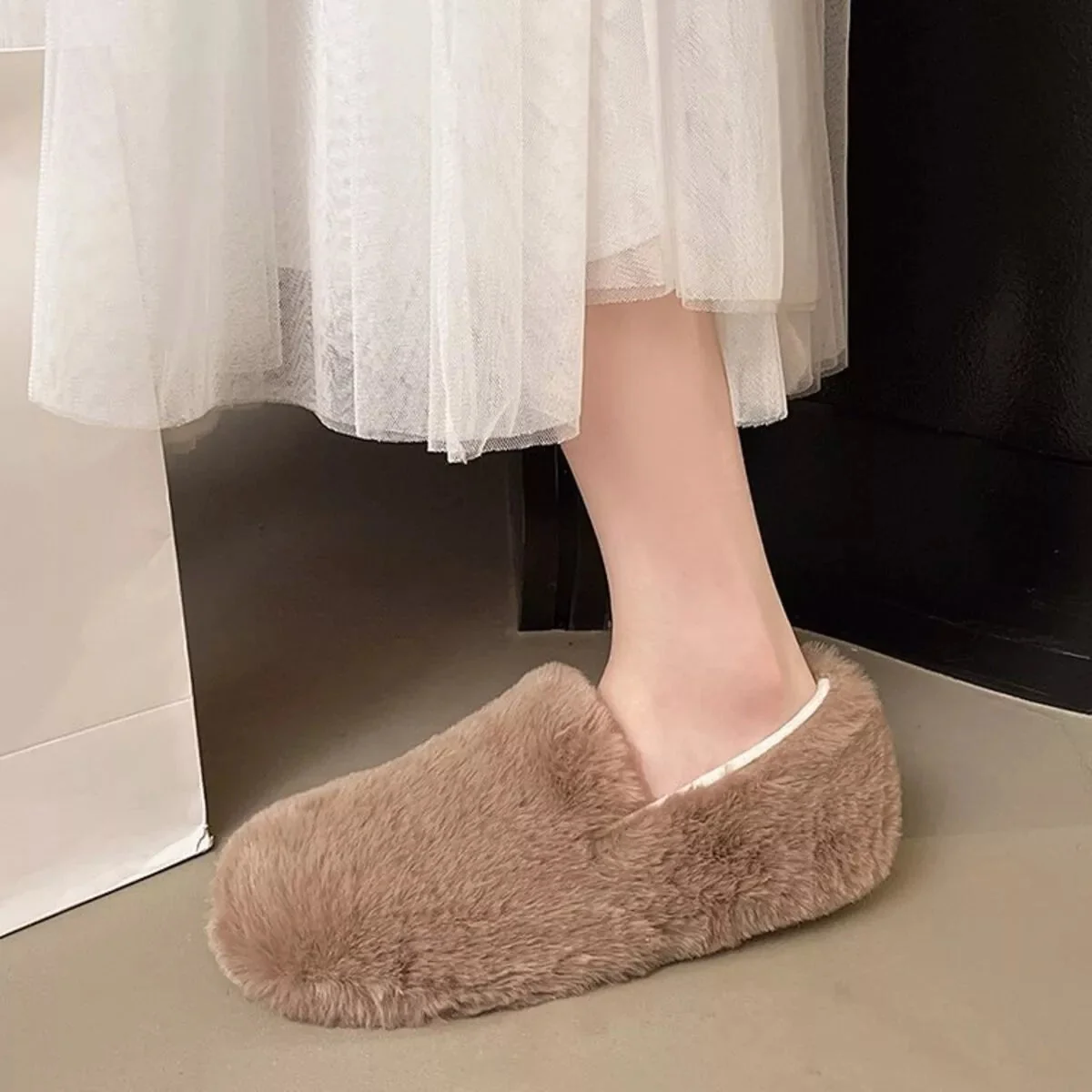 Cozy Fluff Slip-On Shoes - Black, Khaki, Ivory | Trendsi