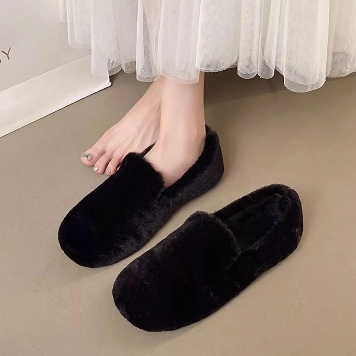 Cozy Fluff Slip-On Shoes - Black, Khaki, Ivory | Trendsi