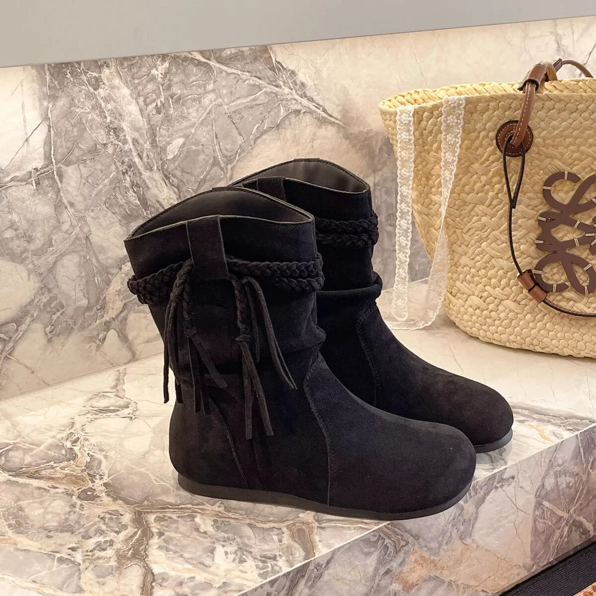 Women's Fringe Ankle Boots - Suede Mid-Heel Booties