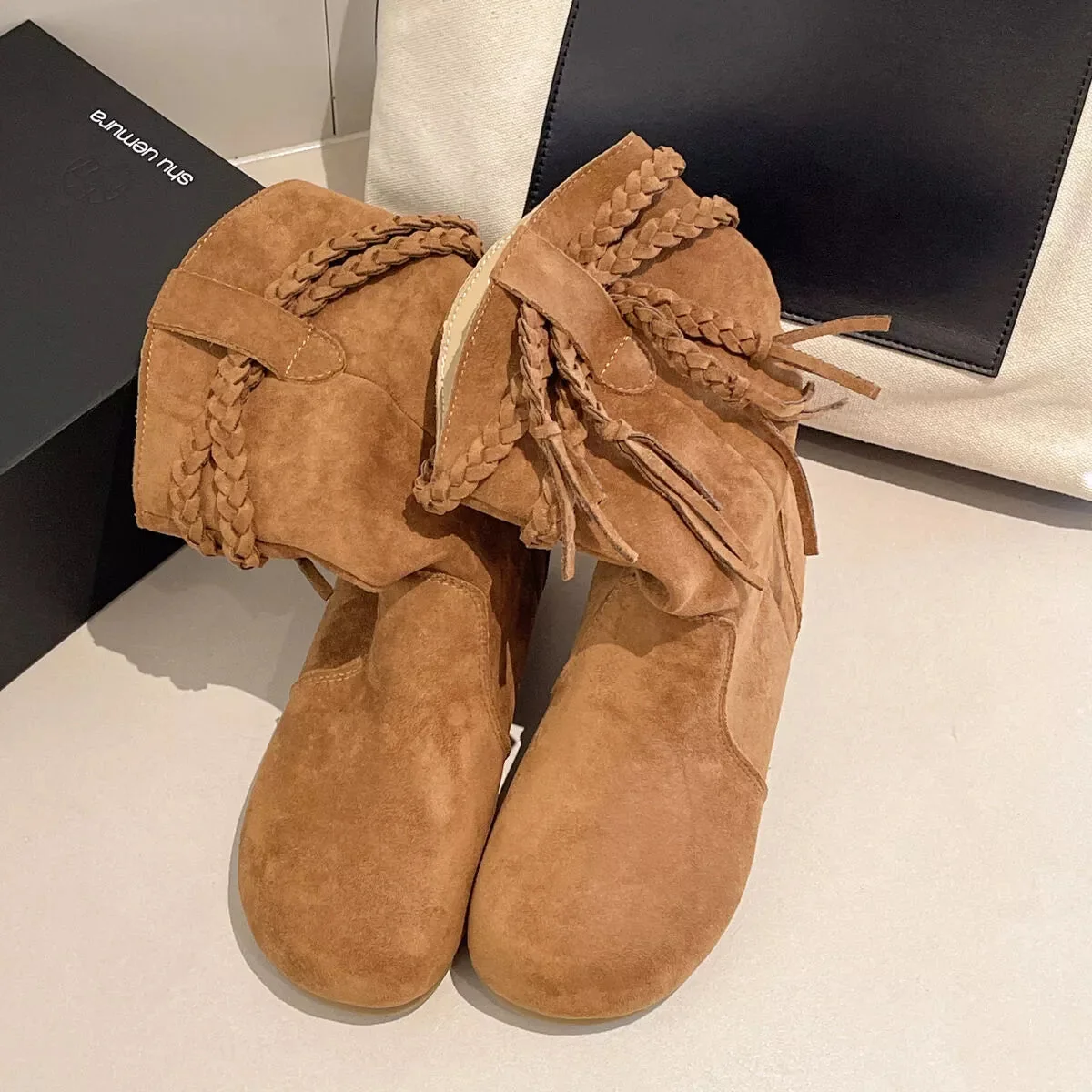 Women's Fringe Ankle Boots - Suede Mid-Heel Booties