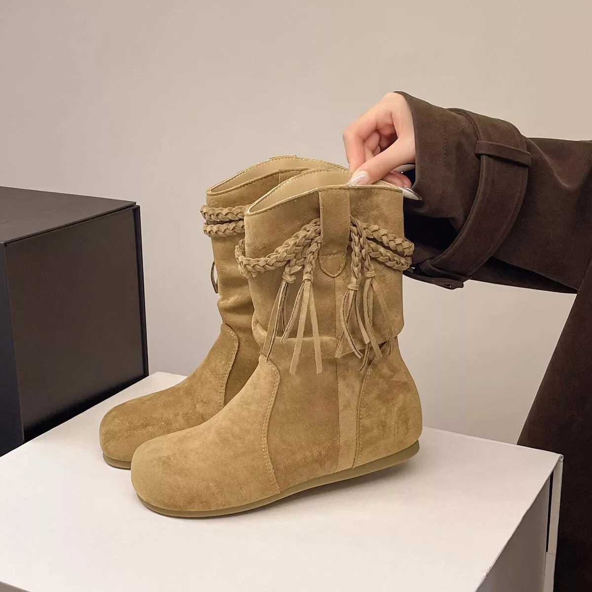 Women's Fringe Ankle Boots - Suede Mid-Heel Booties