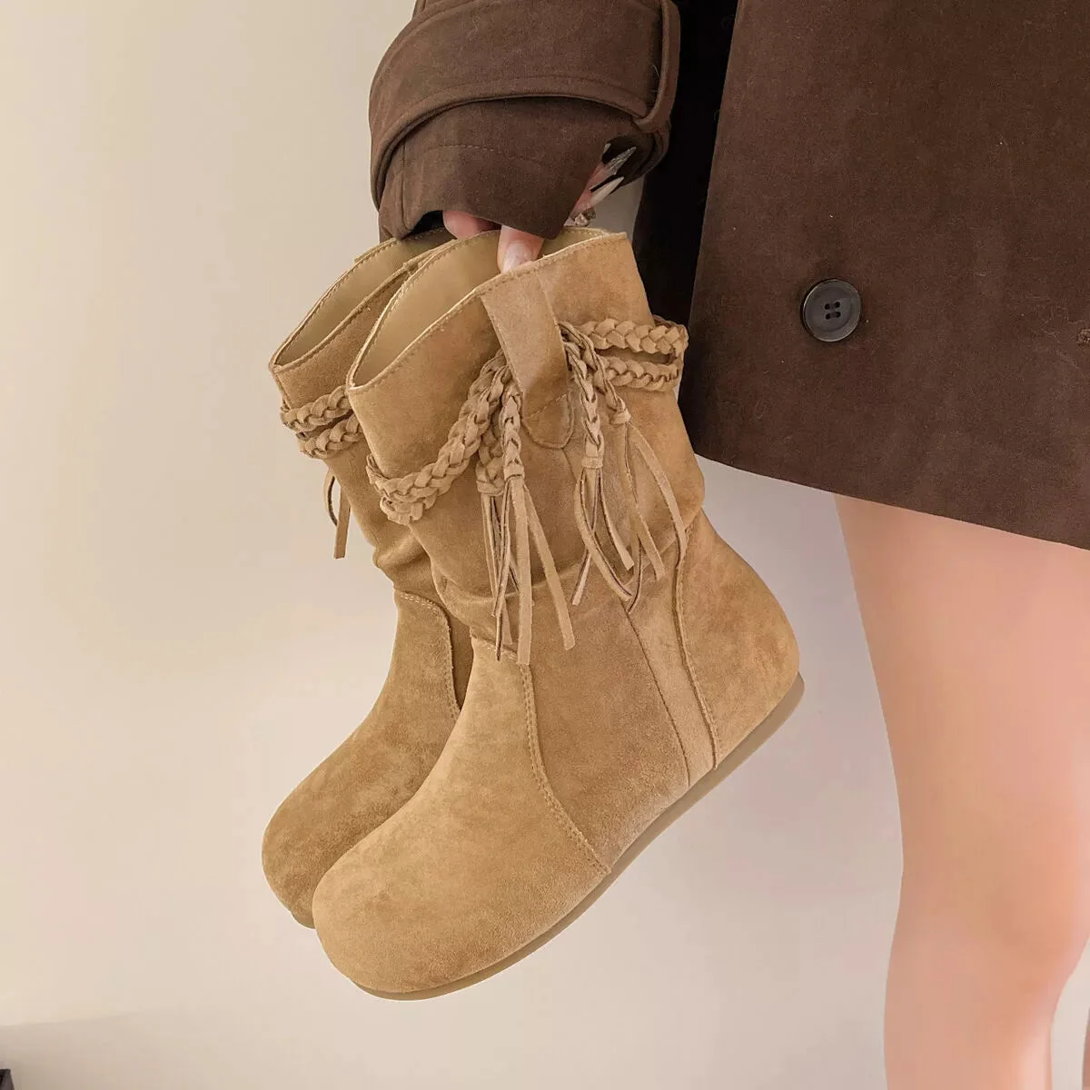 Women's Fringe Ankle Boots - Suede Mid-Heel Booties