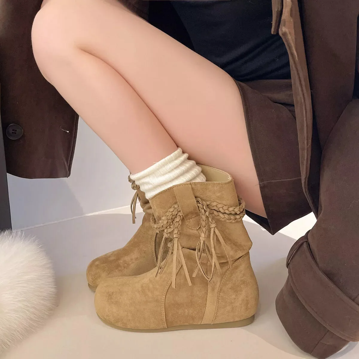 Women's Fringe Ankle Boots - Suede Mid-Heel Booties