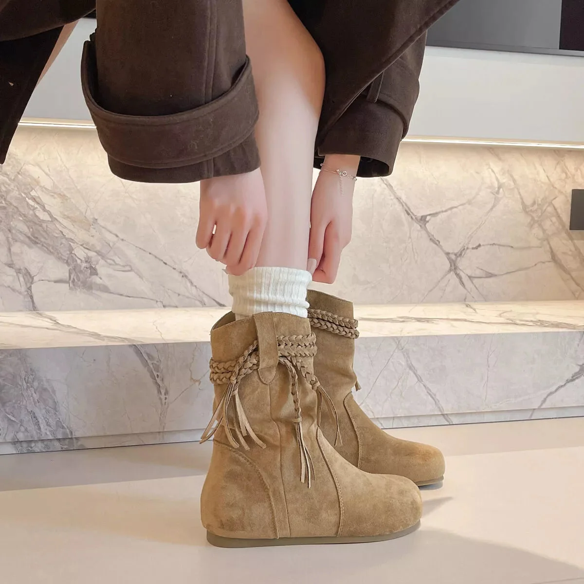 Women's Fringe Ankle Boots - Suede Mid-Heel Booties