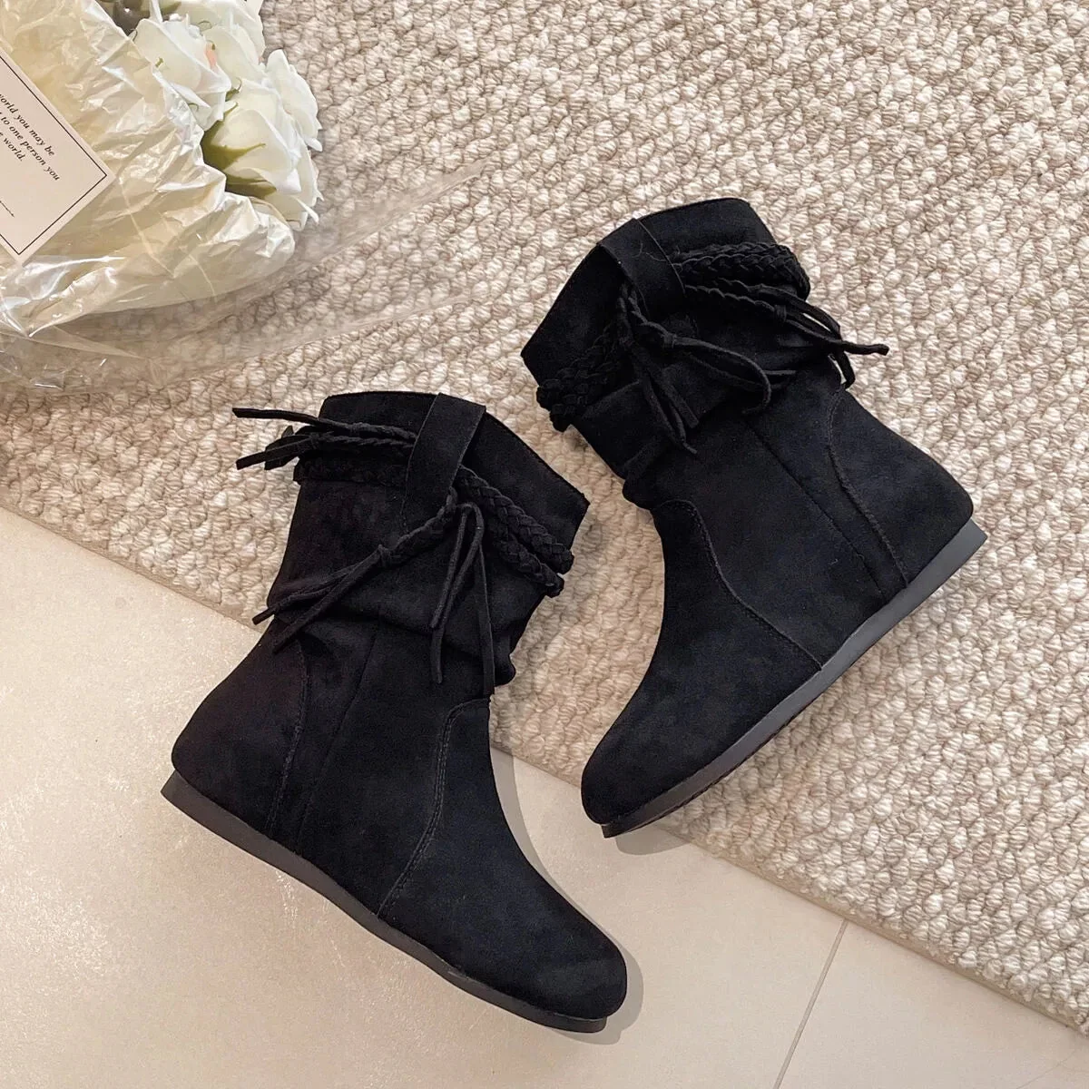 Women's Fringe Ankle Boots - Suede Mid-Heel Booties