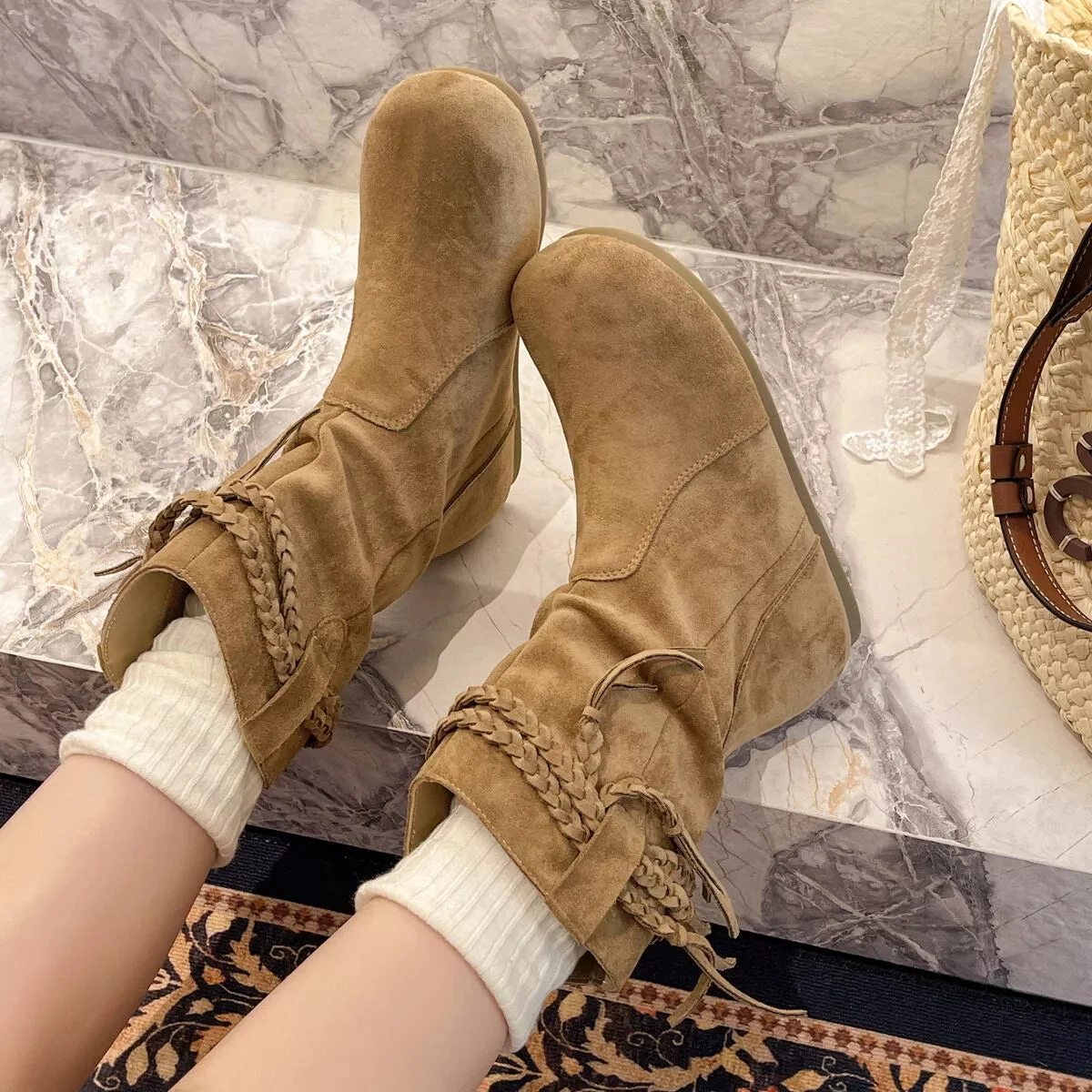 Women's Fringe Ankle Boots - Suede Mid-Heel Booties