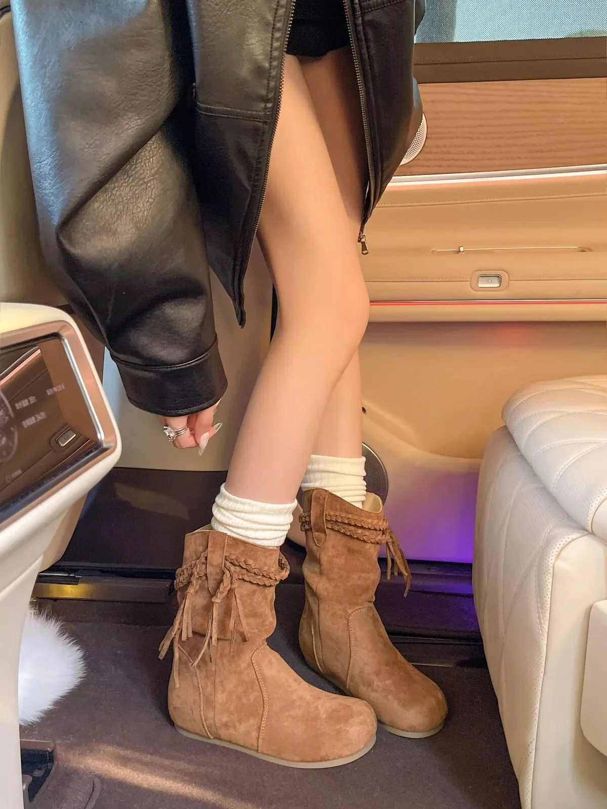 Women&apos;s Fringe Ankle Boots - Suede Mid-Heel Booties