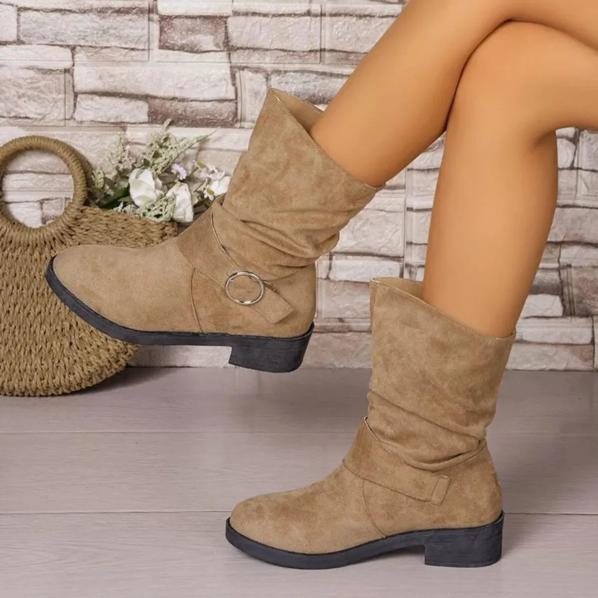 Khaki Block Heel Shoes for Women