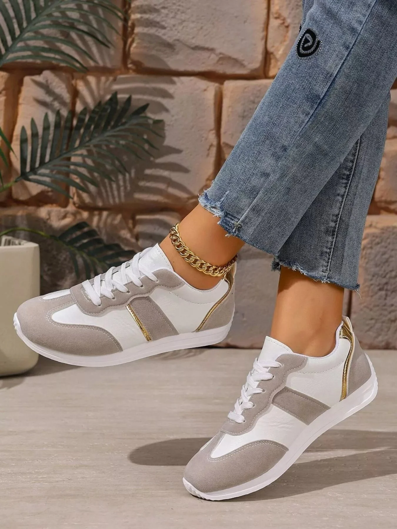 Gray Lace-Up Sneakers Low Heels