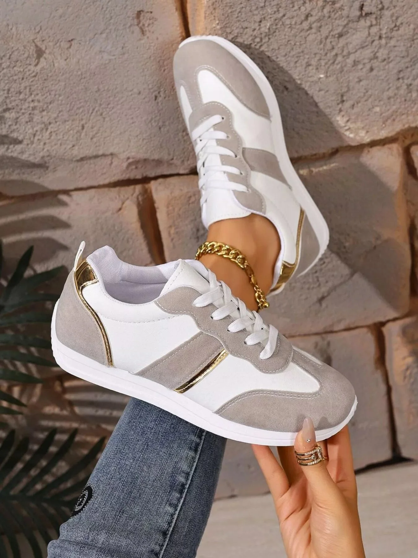 Gray Lace-Up Sneakers Low Heels