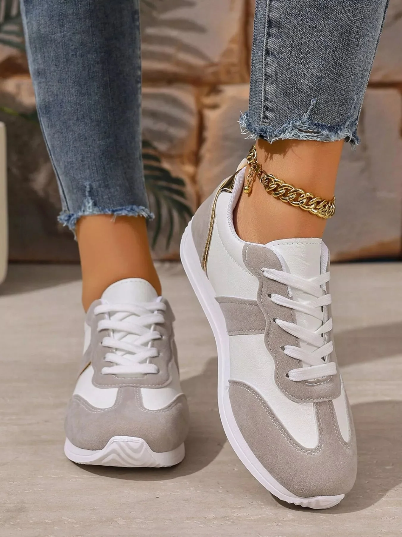 Gray Lace-Up Sneakers Low Heels