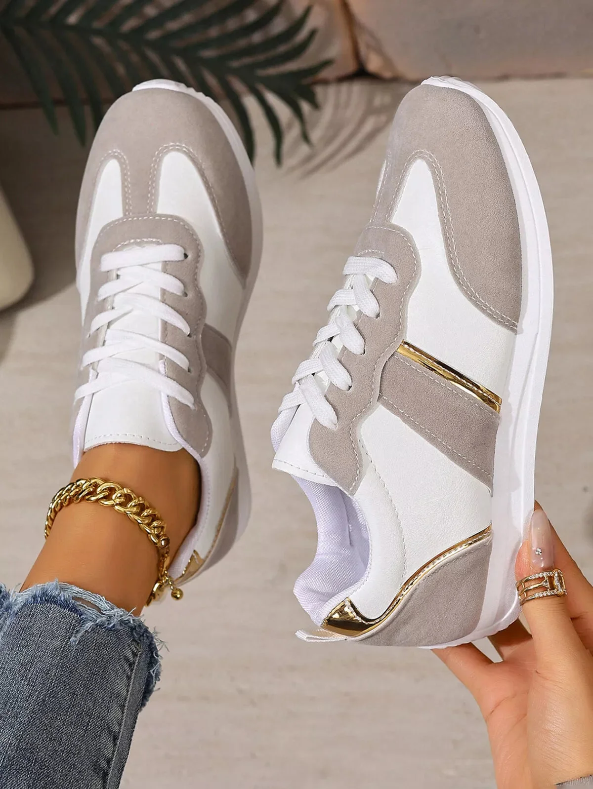 Gray Lace-Up Sneakers Low Heels