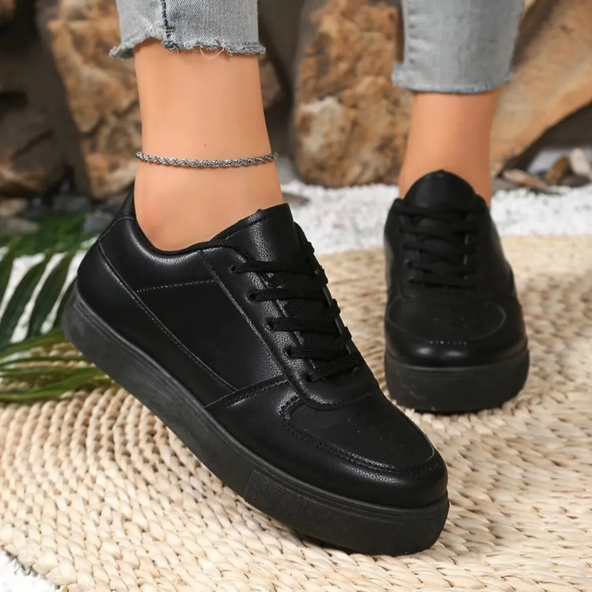Womens Black Lace-Up Platform Sneakers