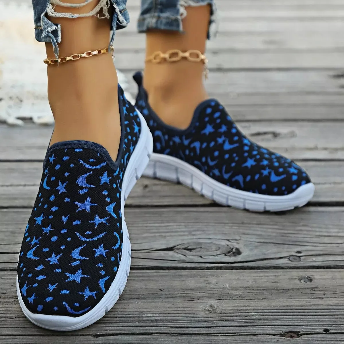 Blue Round Toe Platform Slip-Ons Shoes