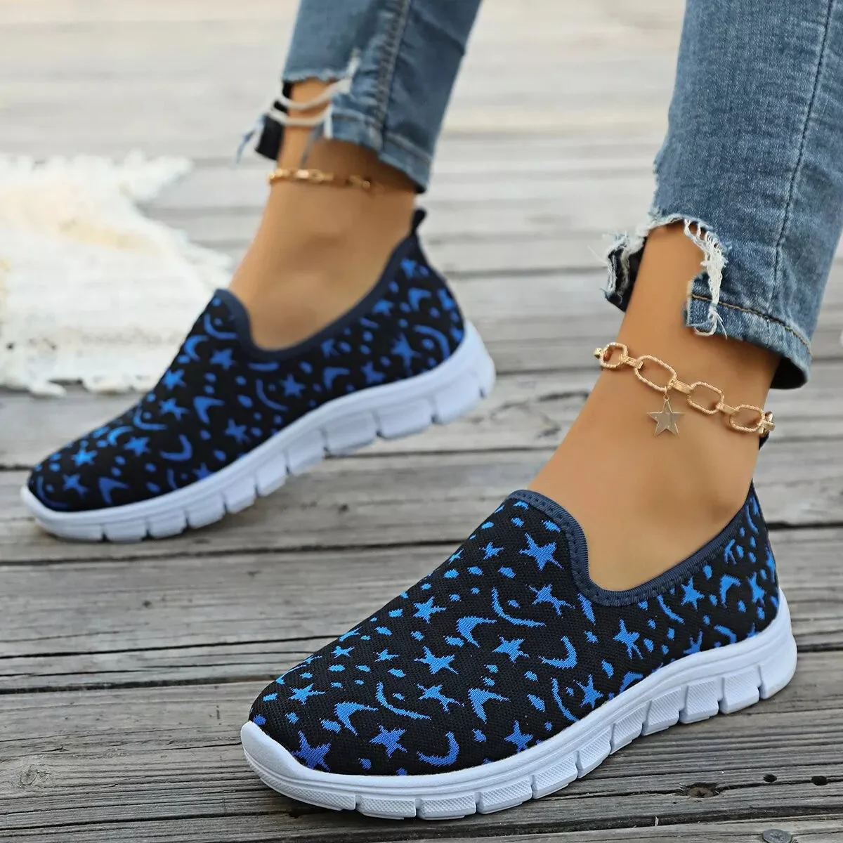 Blue Round Toe Platform Slip-Ons Shoes