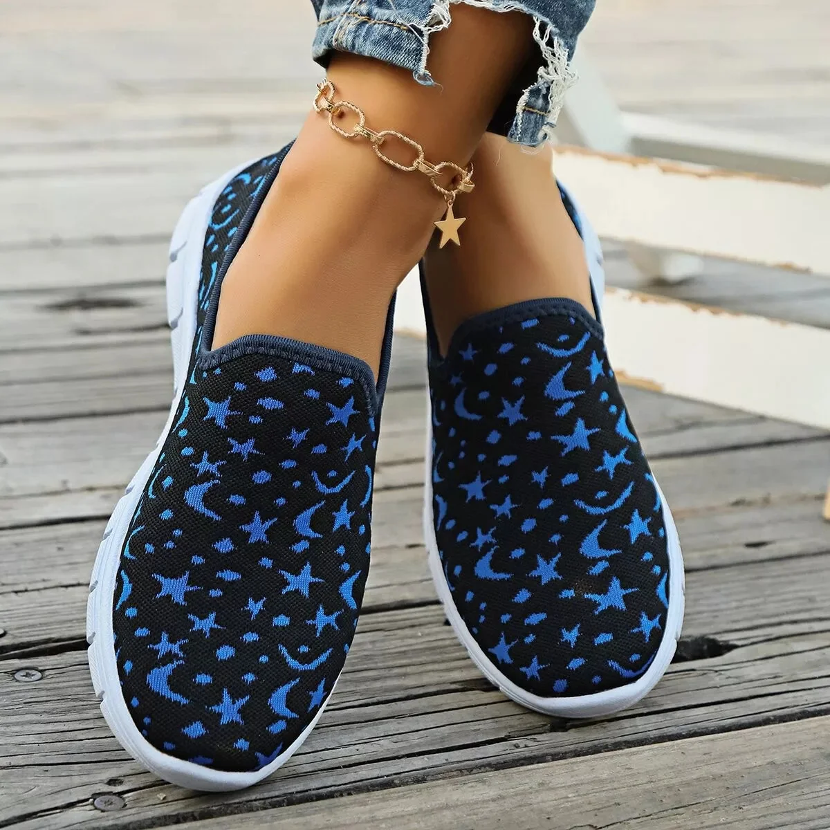 Blue Round Toe Platform Slip-Ons Shoes