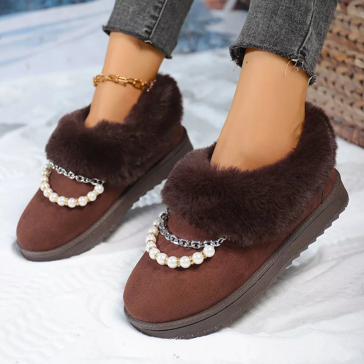 Fur Lined Winter Boots with Pearl Embellishments