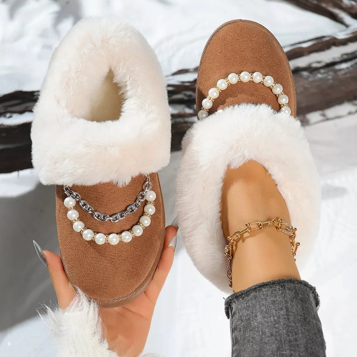Fur Lined Winter Boots with Pearl Embellishments