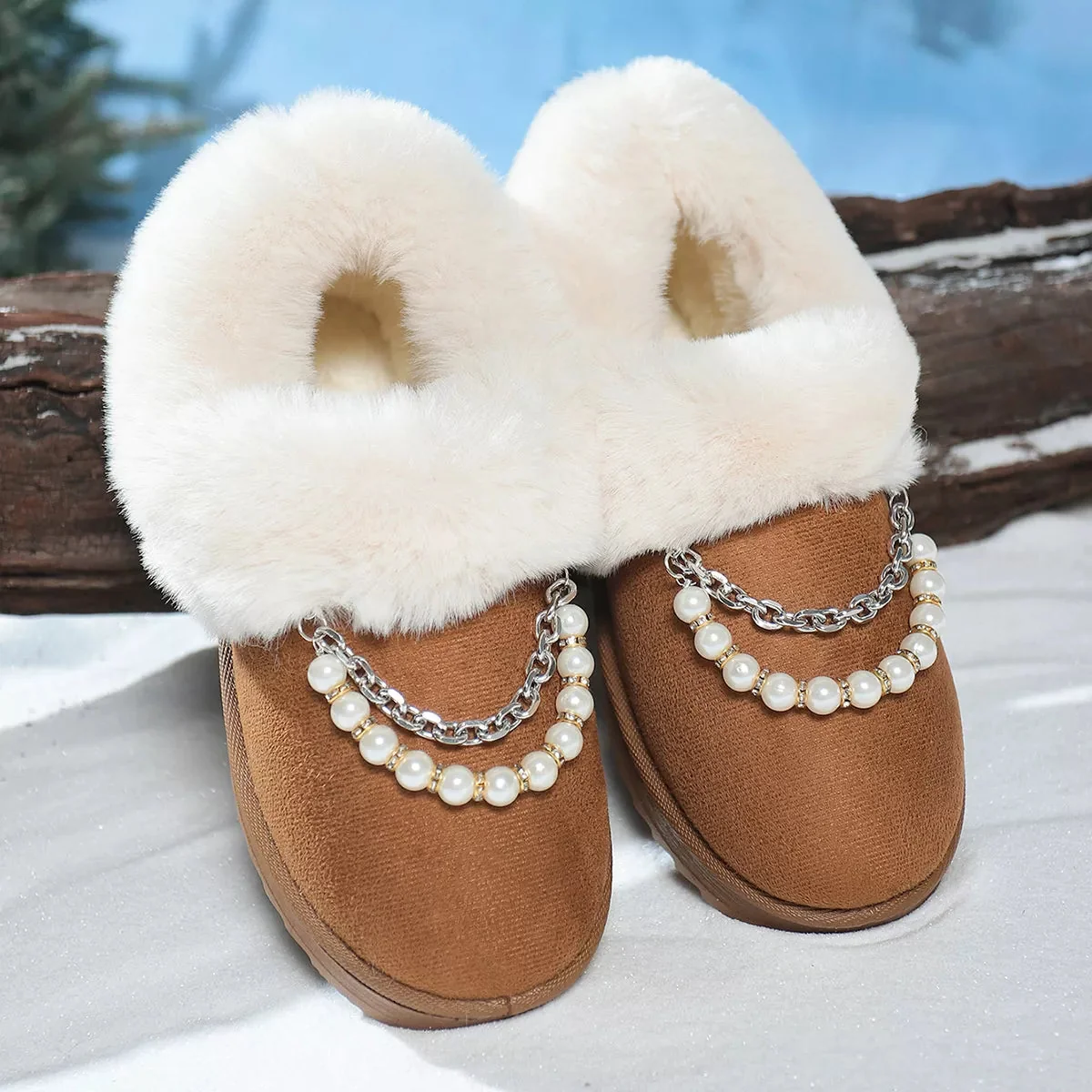 Fur Lined Winter Boots with Pearl Embellishments