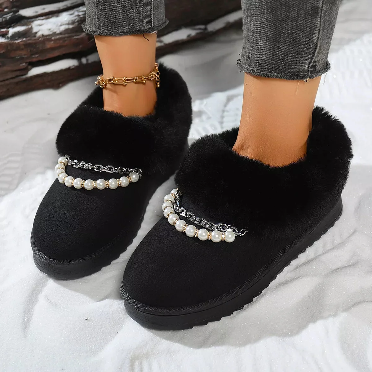 Fur Lined Winter Boots with Pearl Embellishments