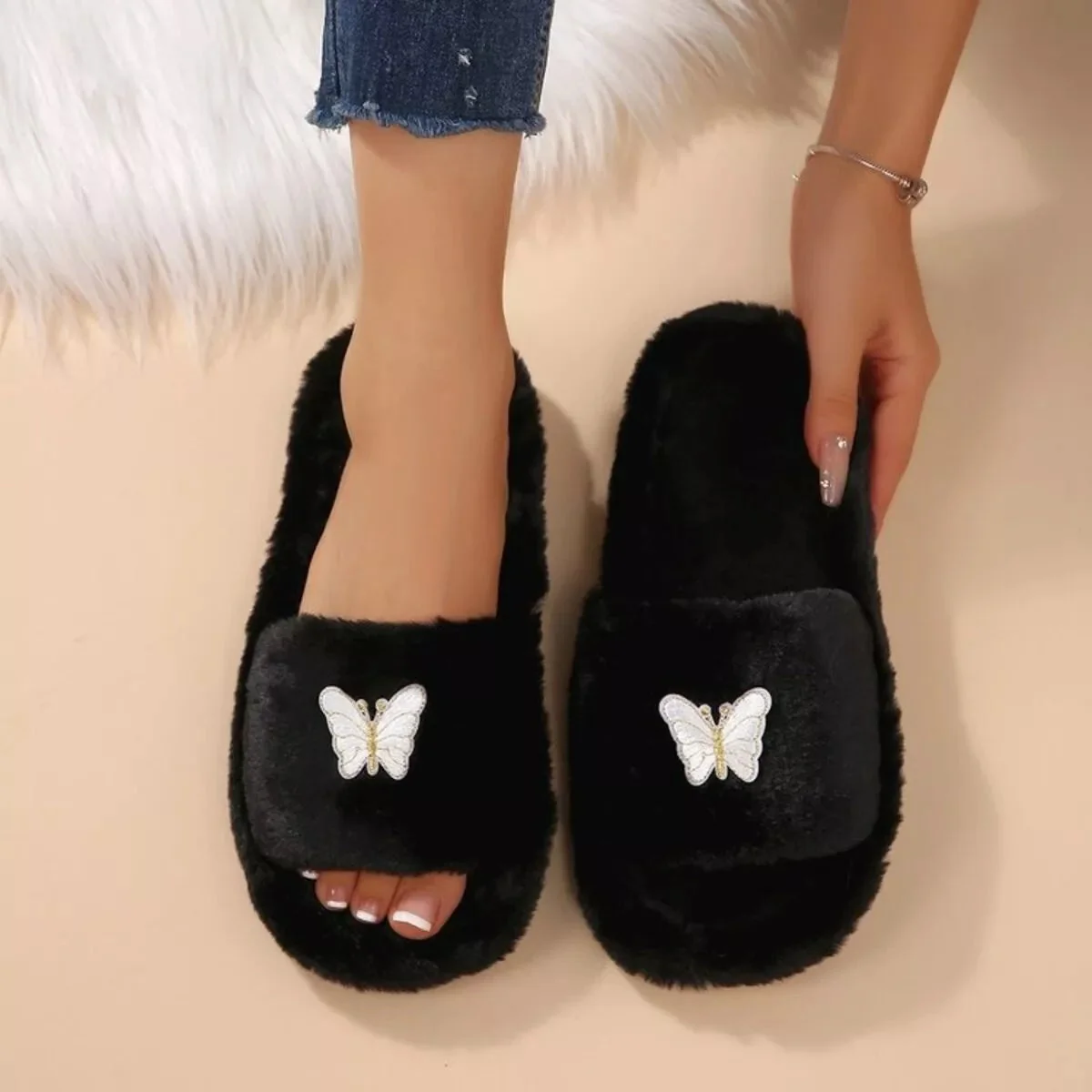 Cozy Black Open Toe Slippers for Women