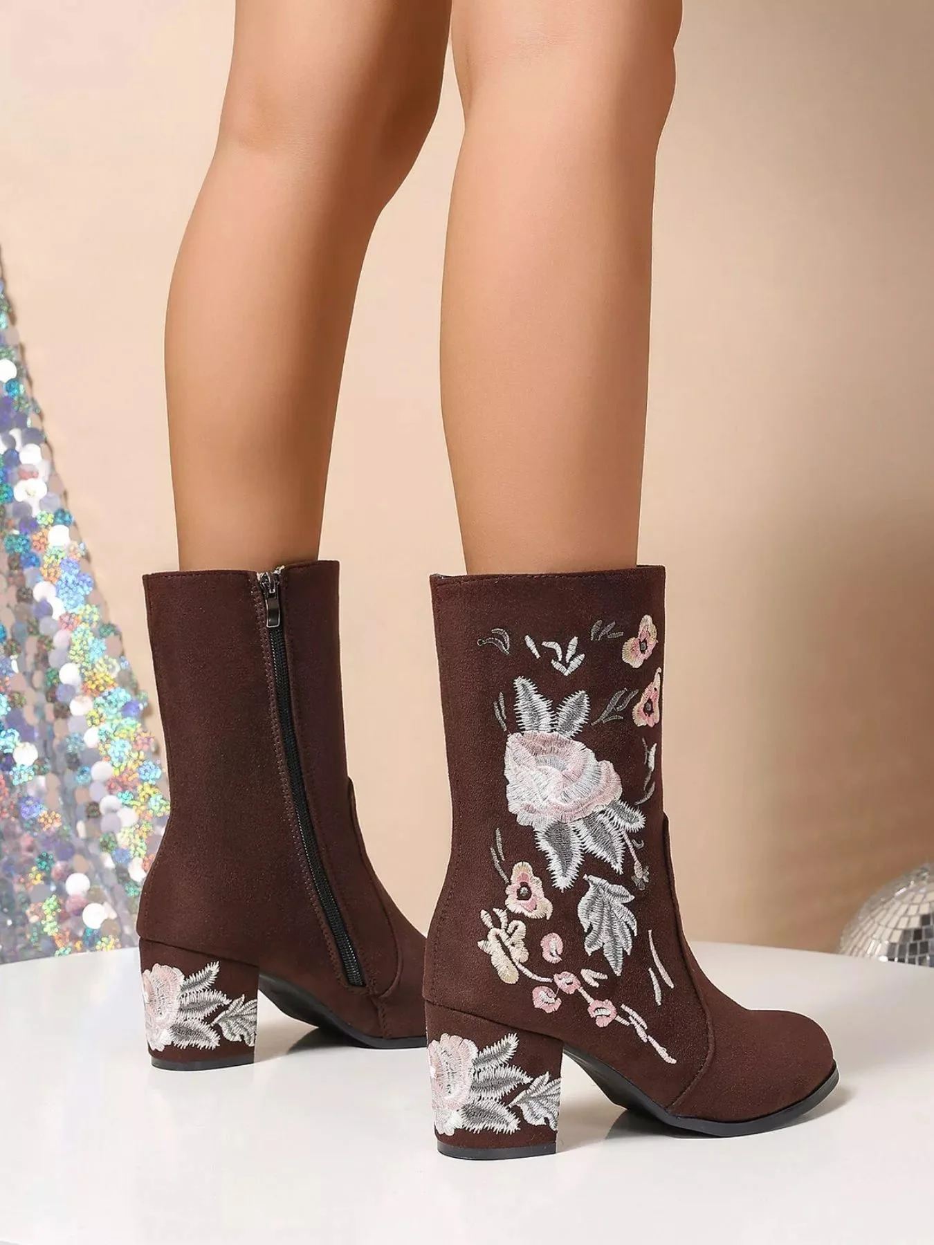 Floral Embroidered Mid Heel Fashion Boots