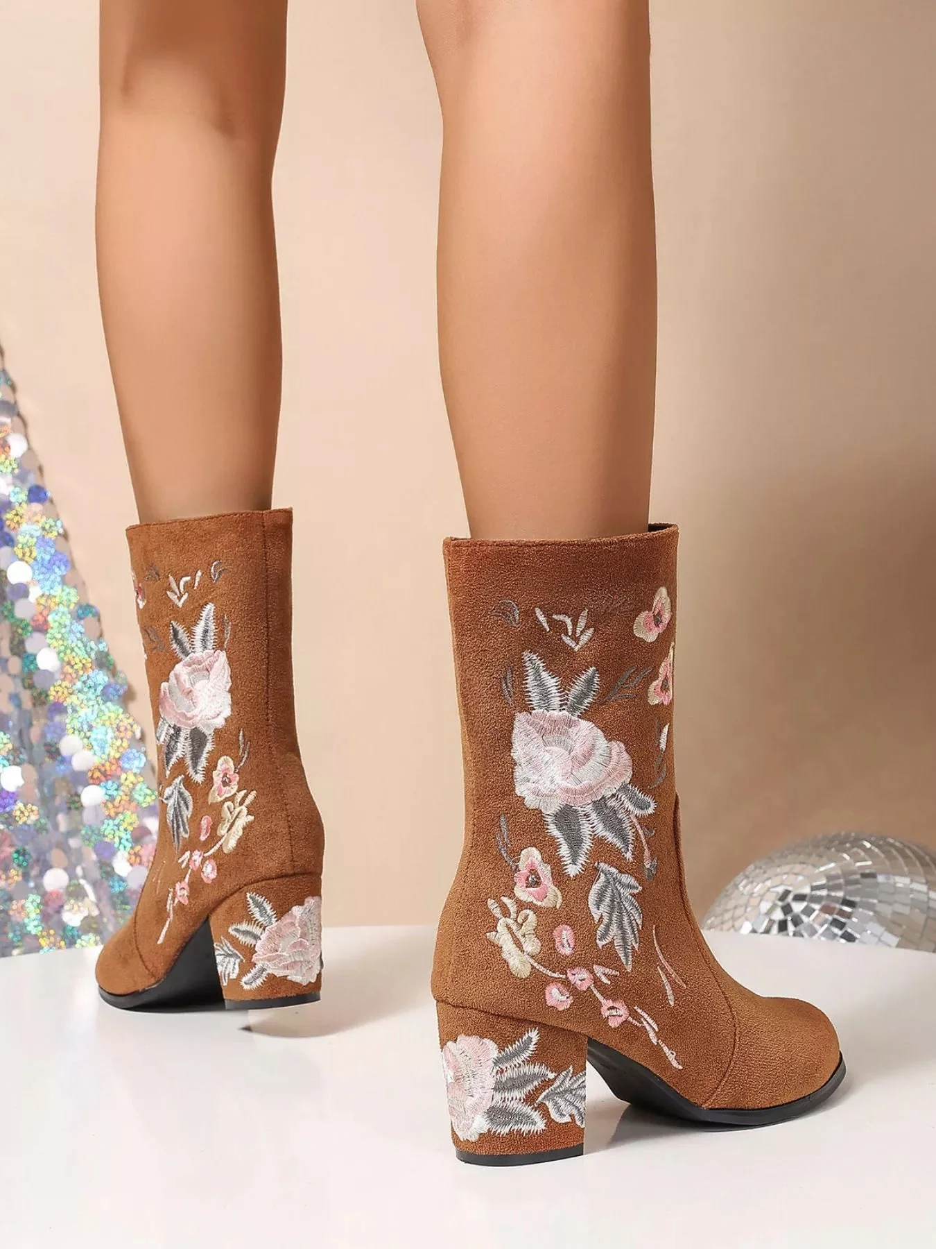Floral Embroidered Mid Heel Fashion Boots
