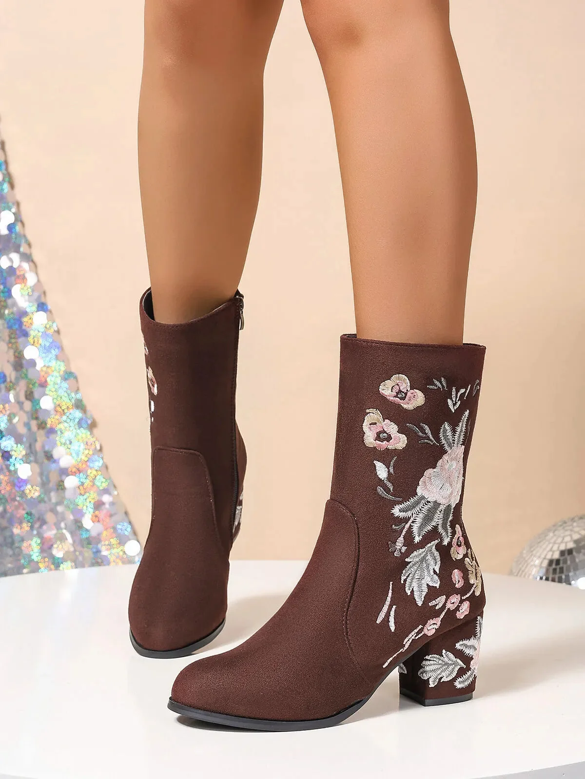 Floral Embroidered Mid Heel Fashion Boots