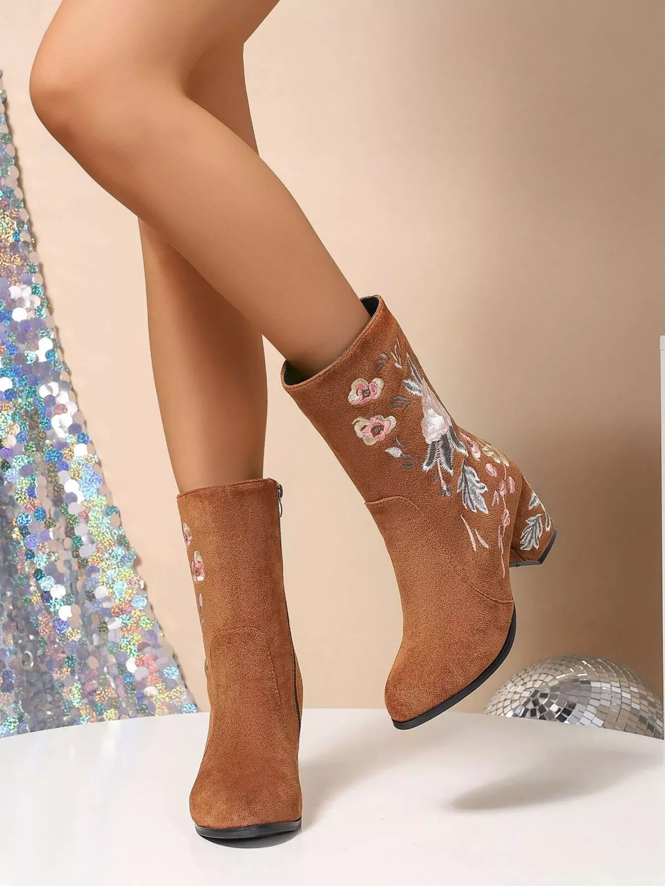 Floral Embroidered Mid Heel Fashion Boots