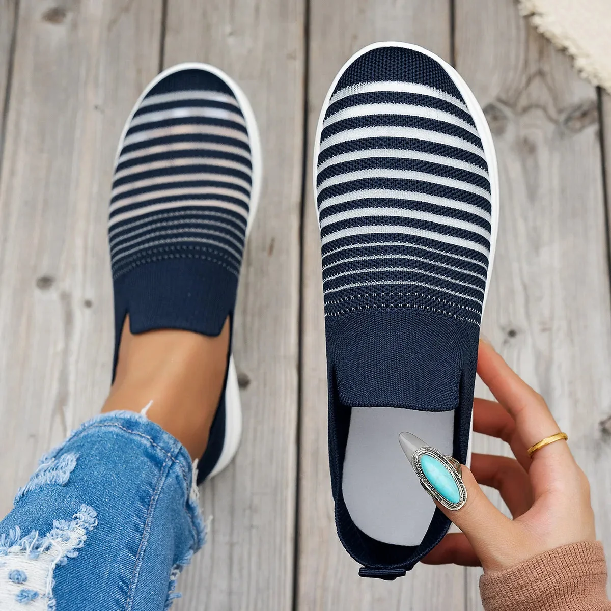 Striped Platform Slip-On Shoes for Women - Blue, Cream White, Black