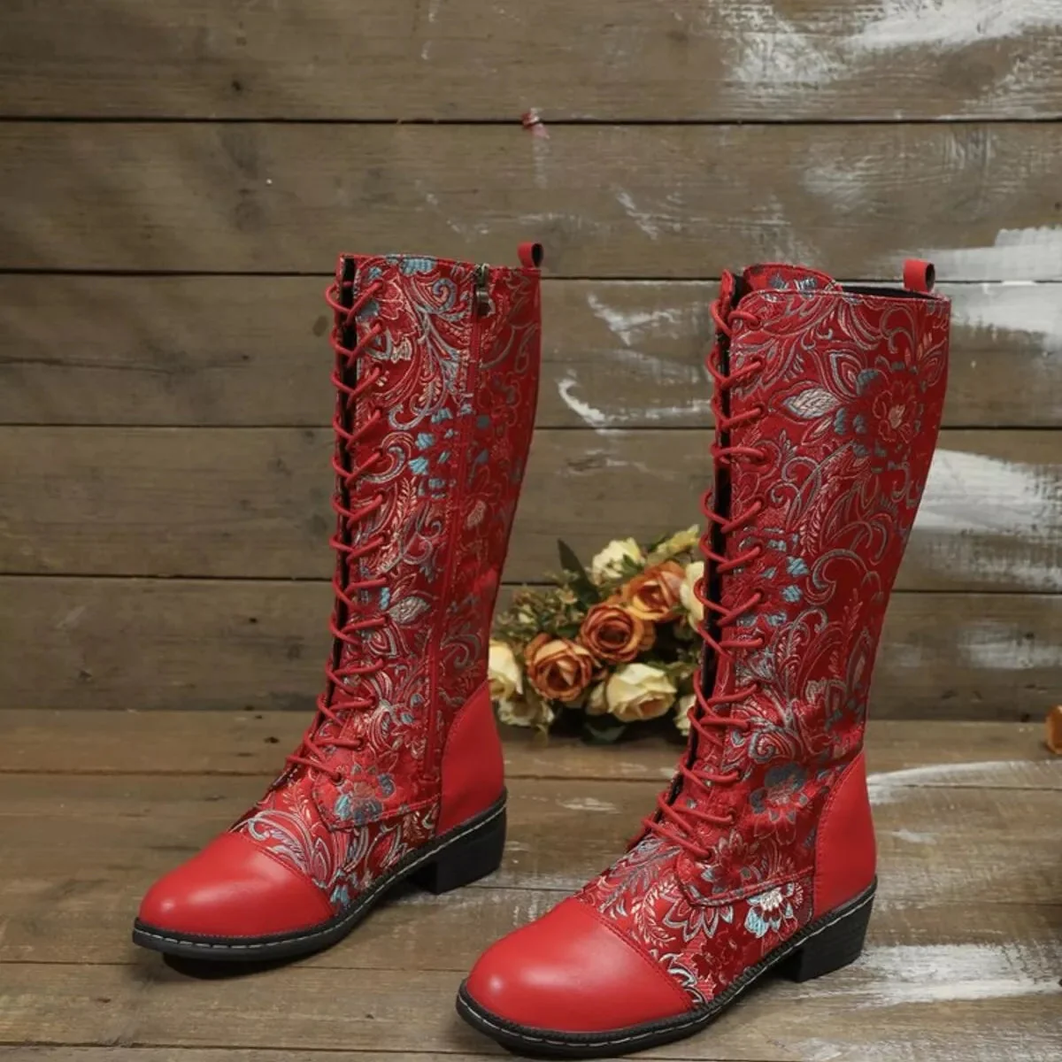 Yellow Lace Up Mid Heel Boots