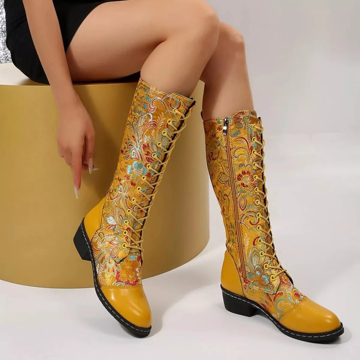 Yellow Lace Up Mid Heel Boots