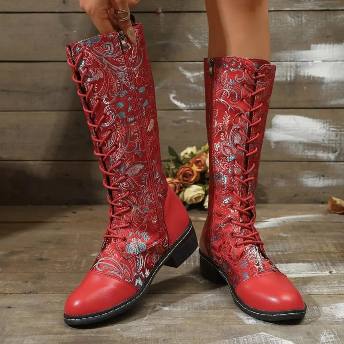 Yellow Lace Up Mid Heel Boots