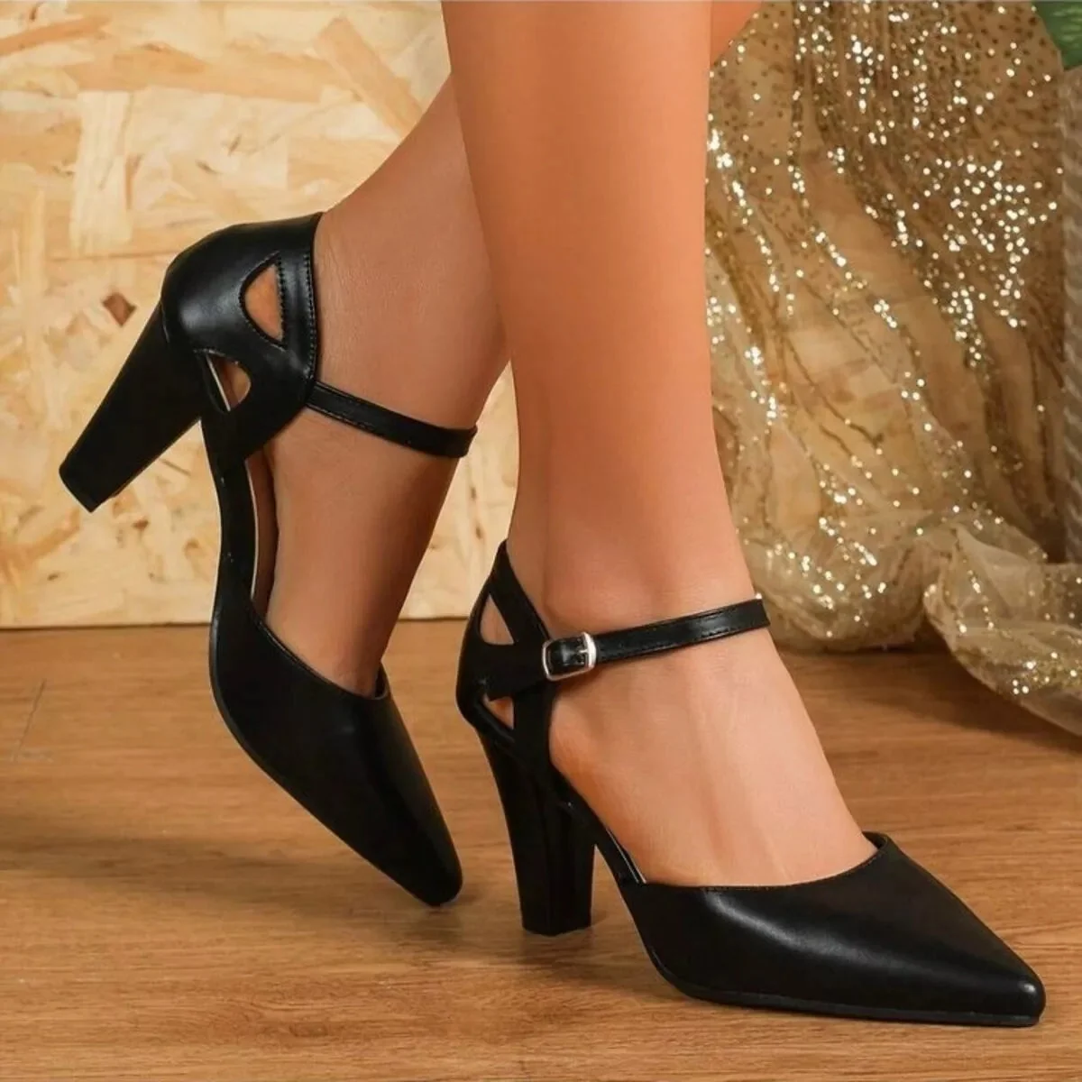 Black Pointed Toe Mid Heel Pumps Shoes