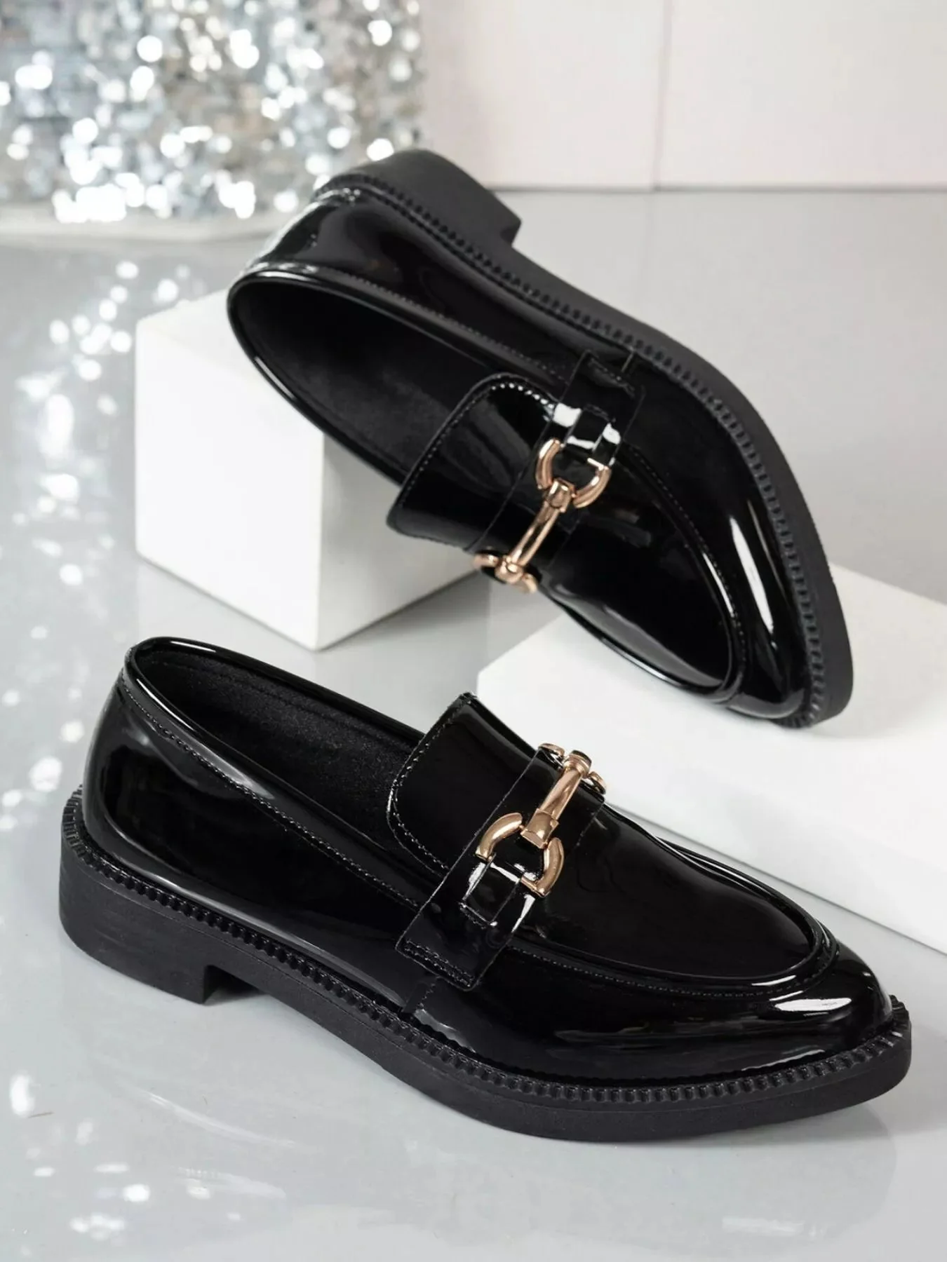 Womens Black Point Toe Block Heel Loafers Shoes