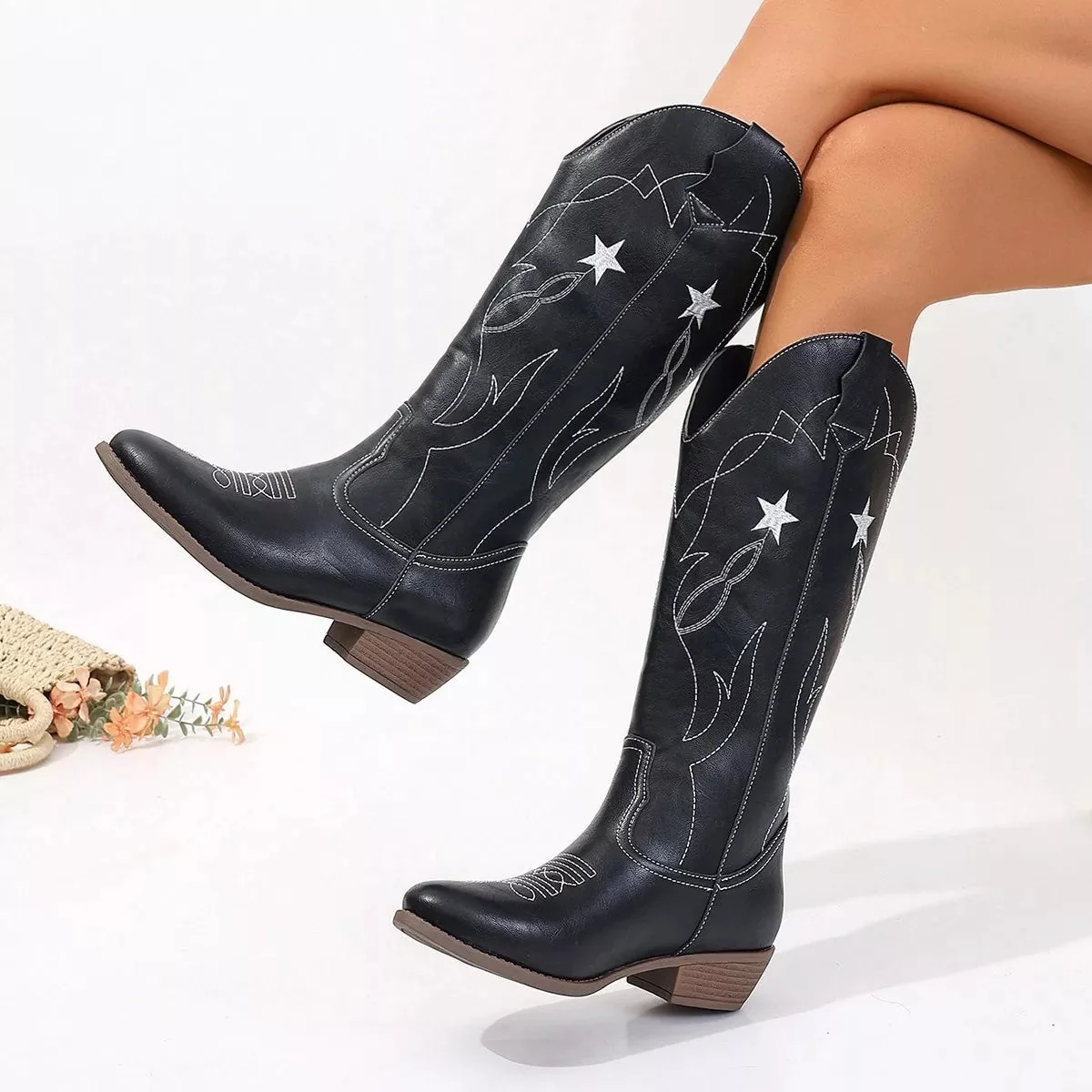 Embroidered Cowboy Ankle Boots - Classic Western Style