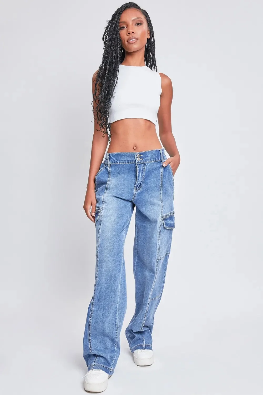 High-Rise Cargo Jeans with Elastic Waistband