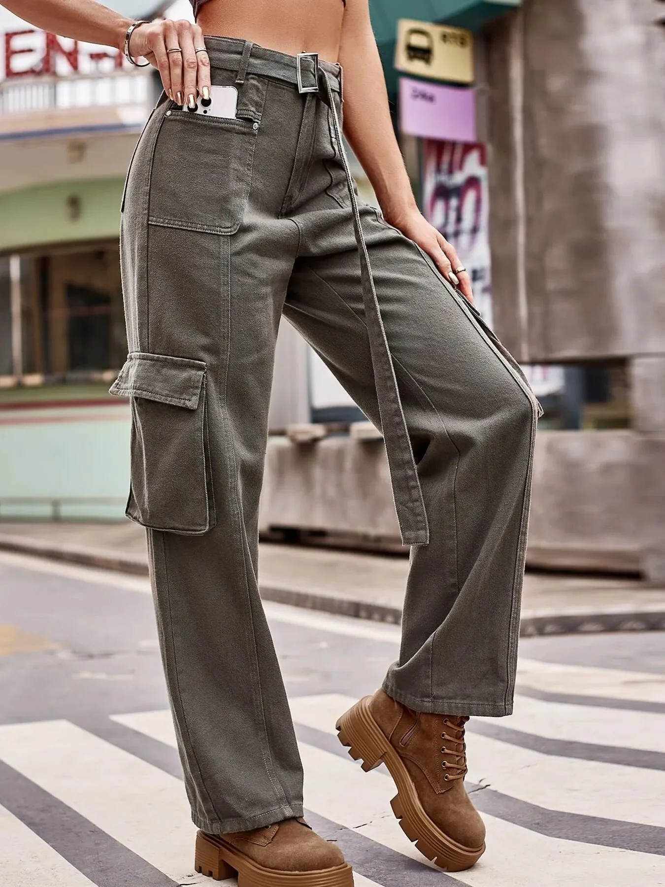 Brown Cargo Wide Leg Pants - Stretchy Cotton Polyester Blend