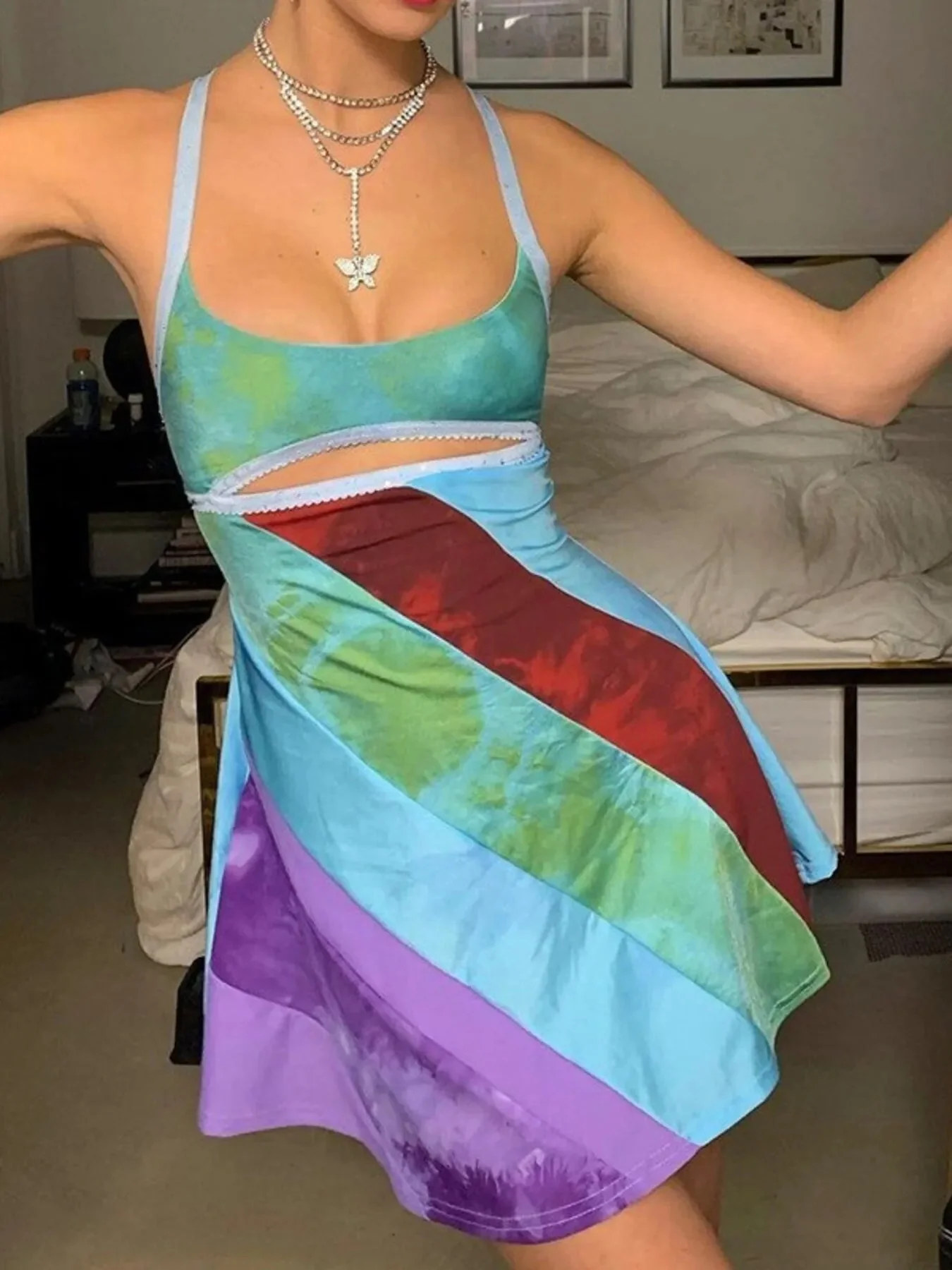 Multicolored Cutout Color Block Cami Dress