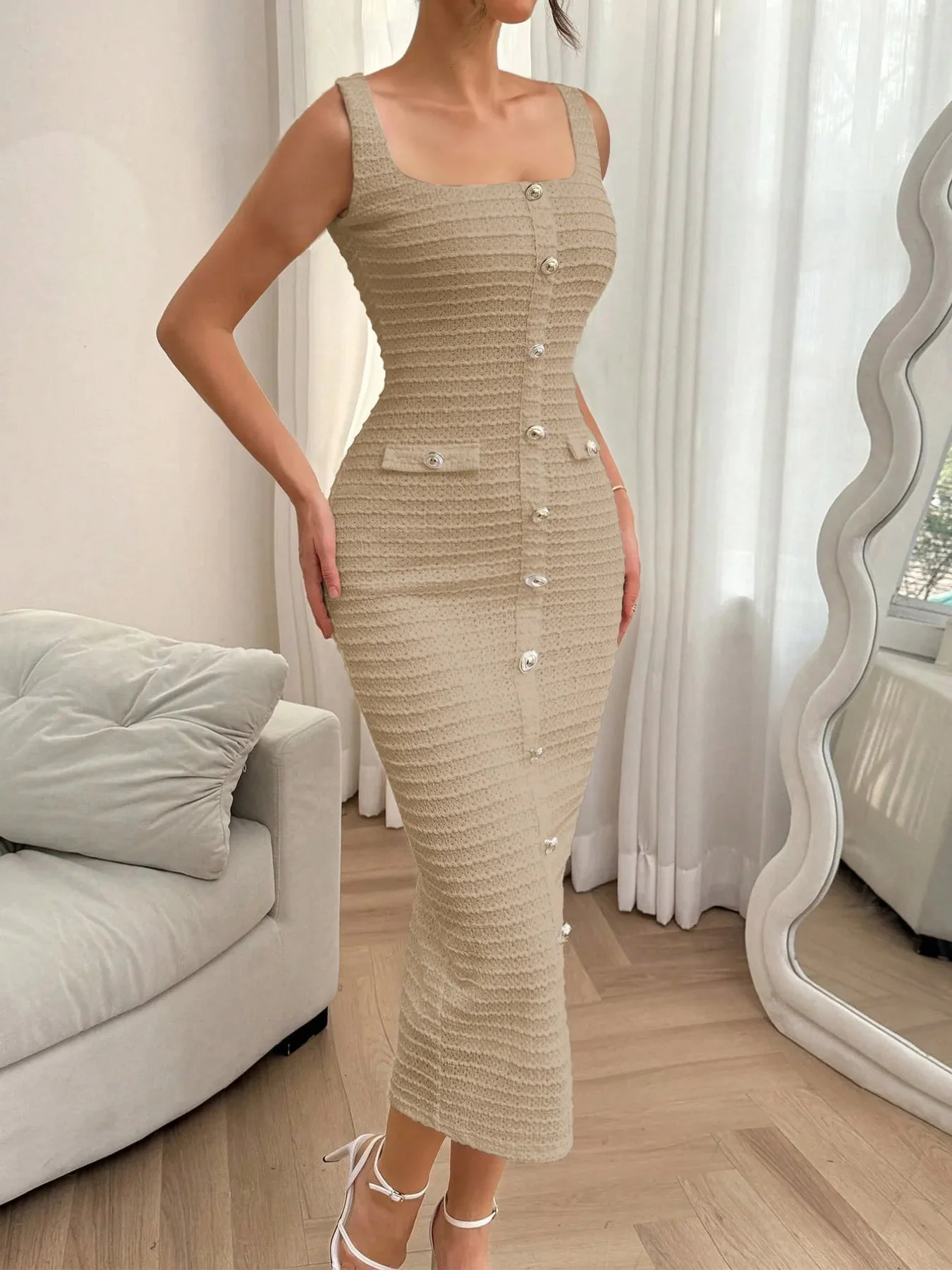 Sleeveless Slit Square Neck Midi Dress