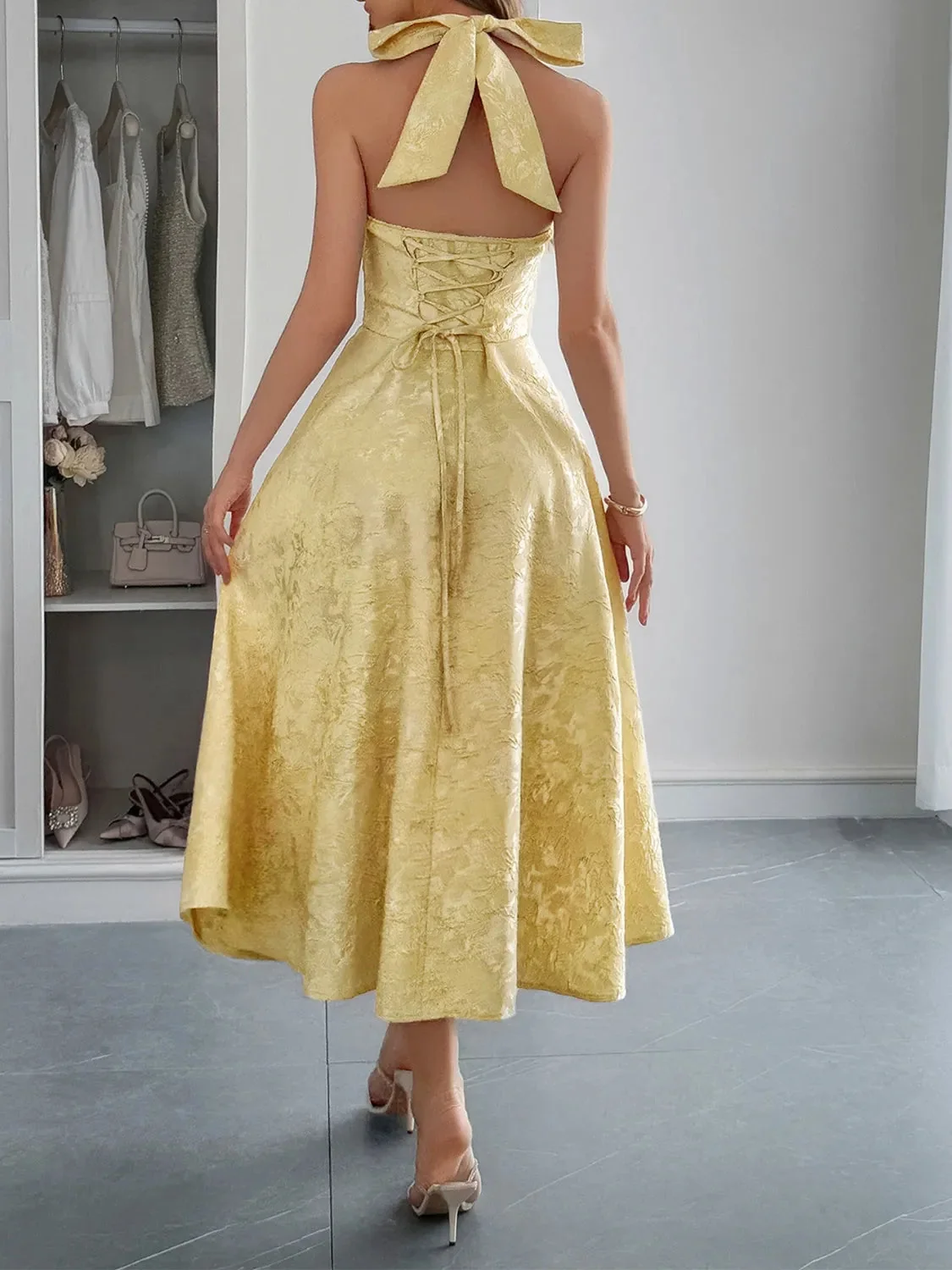 Black Halter Neck Midi Dress with Pockets