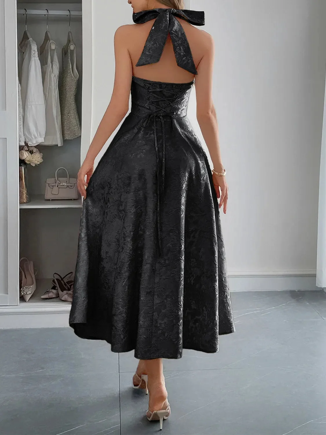 Black Halter Neck Midi Dress with Pockets