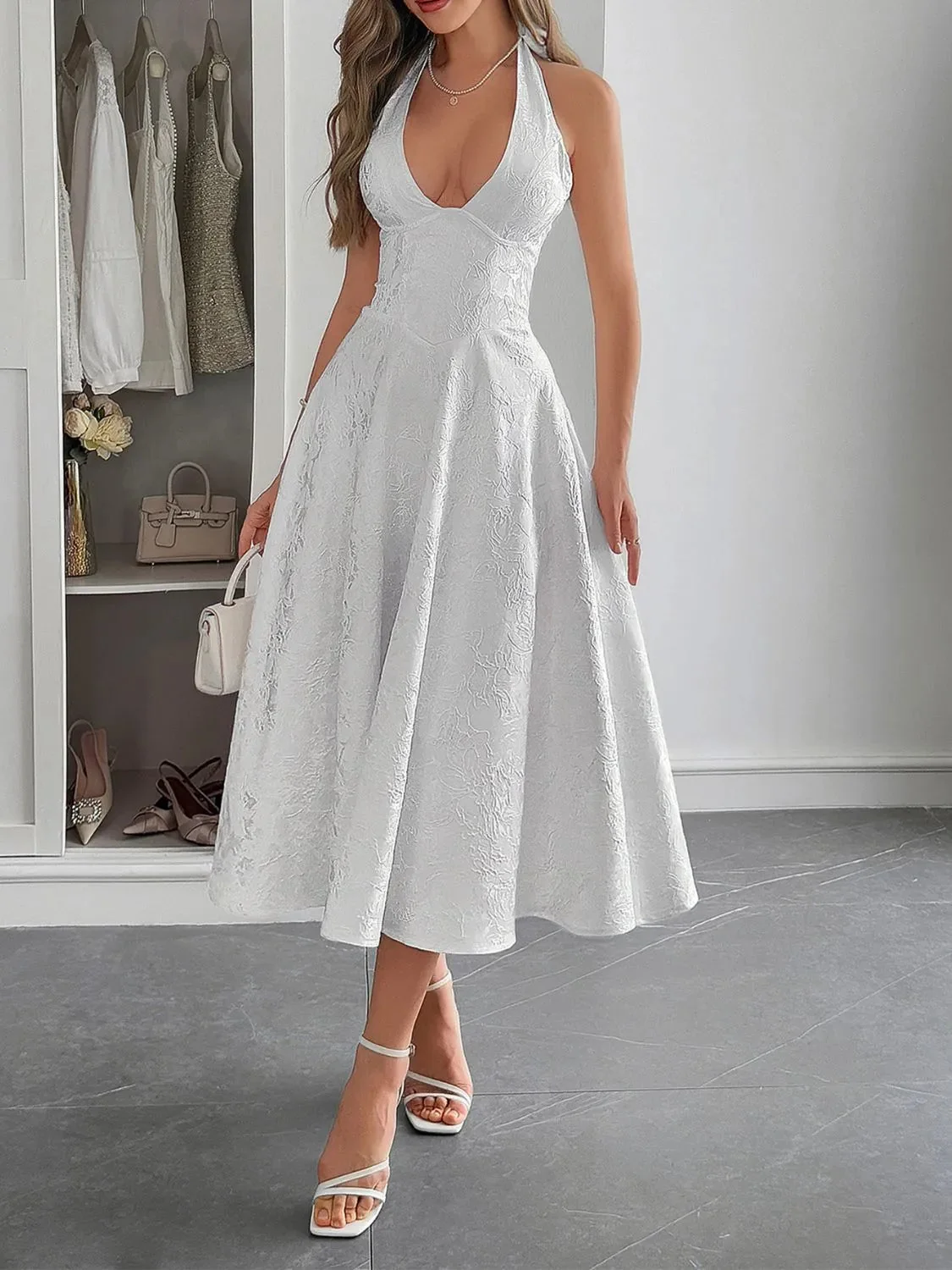 Black Halter Neck Midi Dress with Pockets