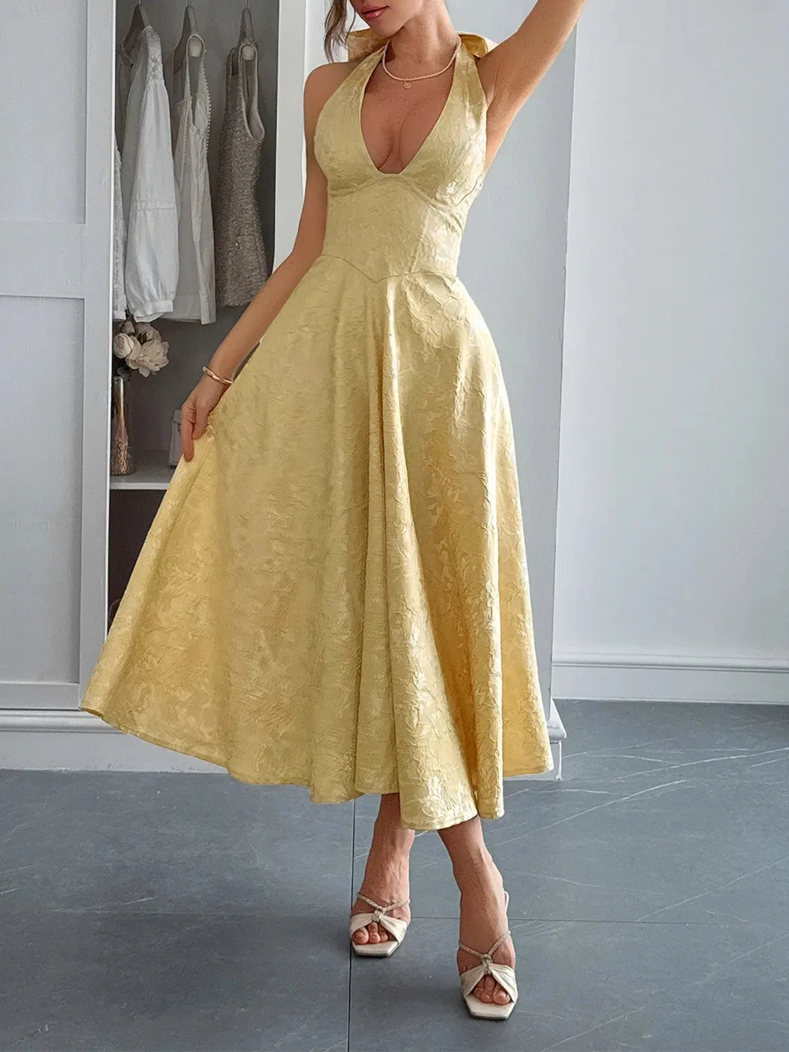 Black Halter Neck Midi Dress with Pockets