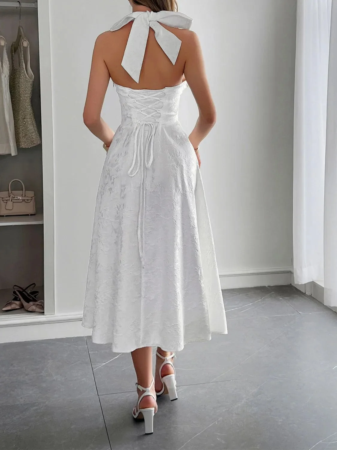 Black Halter Neck Midi Dress with Pockets