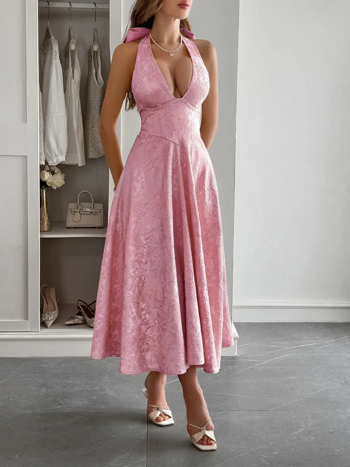 Black Halter Neck Midi Dress with Pockets