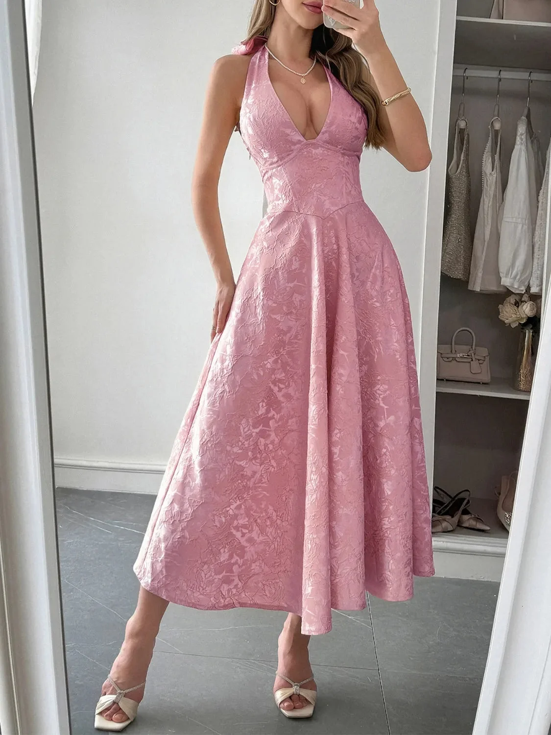 Black Halter Neck Midi Dress with Pockets