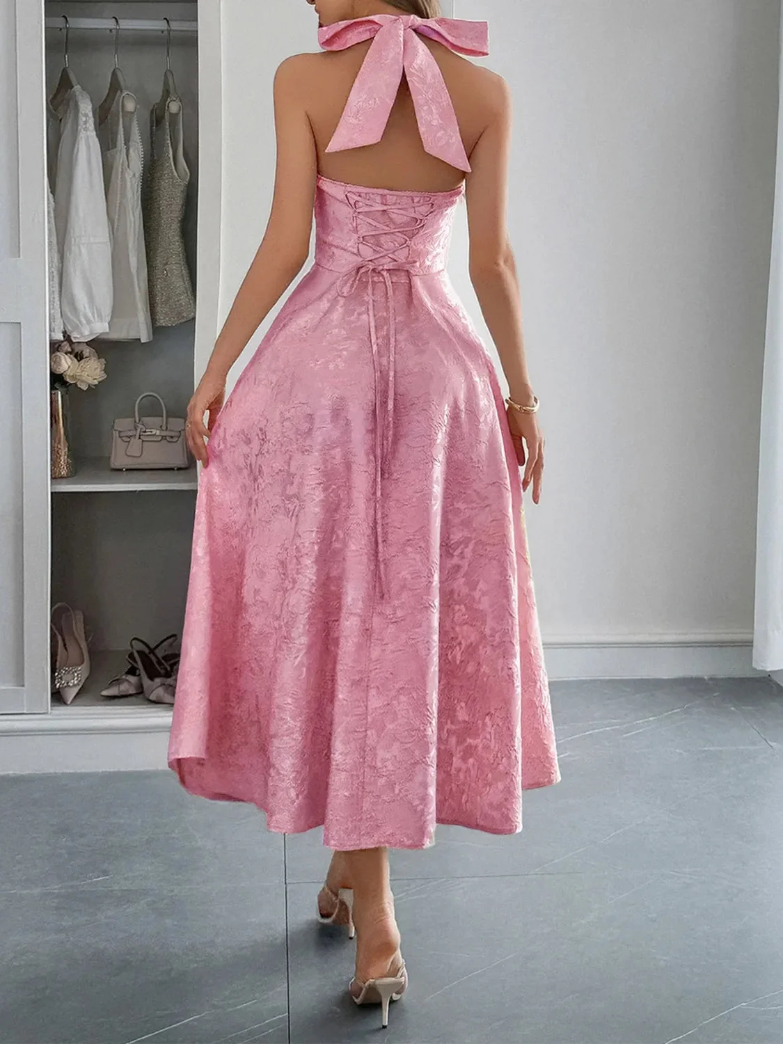 Black Halter Neck Midi Dress with Pockets